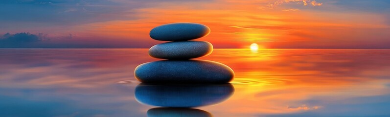 There is a beautiful stack of rocks positioned in front of a stunning sunset
