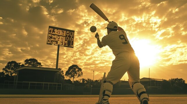 Cricket player focused on swing with sunset backdrop and scoreboard at local field in the evening hour