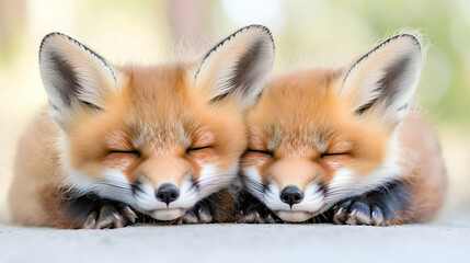 Two red fox kits napping outdoors, blurred background, nature wildlife