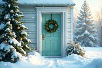 Snowy landscape with a pale green door featuring a festive evergreen wreath, snowy landscape, winter wonderland, festive decor