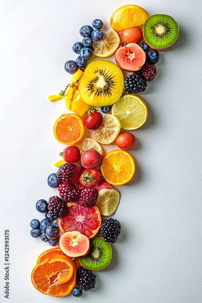 Poster Composition of fresh sliced fruits and berries creating colorful pattern on white background