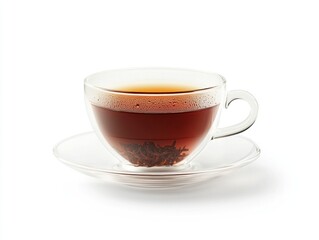 Obraz premium A cup of brewed tea in a clear glass teacup on a saucer.