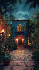 Fototapeta premium Traditional latin american hacienda with lush courtyard at twilight