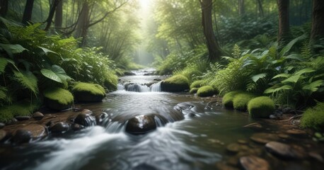 Obraz premium Soft focus of forest stream with blurred water and plants, woodland, shallow river