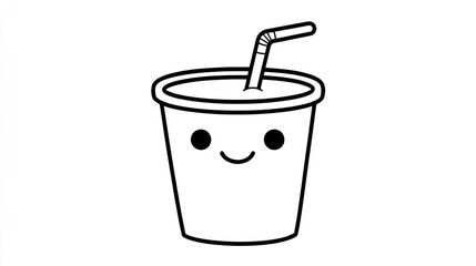Cute cartoon soda cup, straw, white background, kids drawing, coloring page