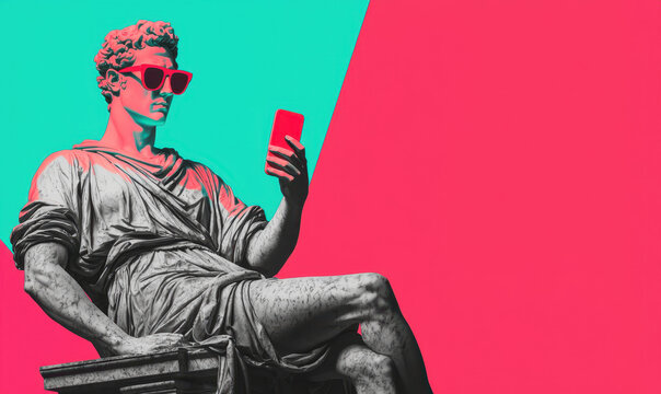 Contemporary Pop Art Vibes: Classical Statue with Sunglasses and Smartphone in a Vibrant Neo-Classical Fusion