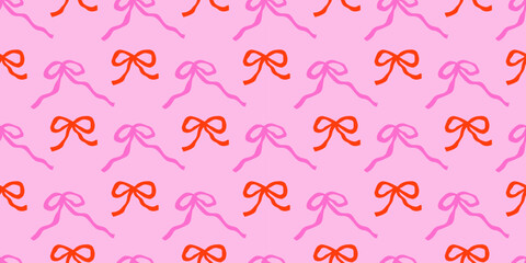 Valentine's Day cute vector seamless pattern with coquette bows on pink background