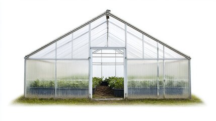 Agricultural greenhouse with plantation inside. Blue sky day. Isolated on pure white.