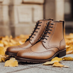 Elegant brown leather boots with intricate brogue detailing are showcased outdoors amidst fallen autumn leaves, highlighting their stylish design and craftsmanship
