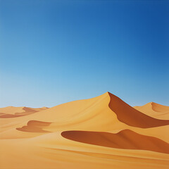 Desert Dunes Under Azure Sky: A serene vista of rolling sand dunes stretches beneath a clear, cloudless blue sky, evoking a sense of vastness, and the untouched beauty of the natural landscape.