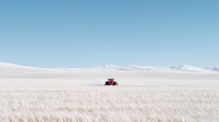 Red vehicle drives across snowy field, mountains in background. Use travel, adventure