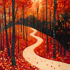Autumn Trail: A winding path beckons through a vibrant autumn forest ablaze with shades of red, orange, and yellow, creating a picturesque scene of seasonal beauty.