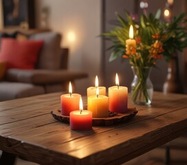 Softly glowing candles on a wooden coffee table, candles, warm ambiance, autumnal colors