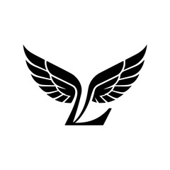 Naklejka premium Winged Letter L Black Logo Design, Black letter L with symmetrical wings, creating a bold and stylish logo. Perfect for branding, aviation, business, sports, or creative identity. 