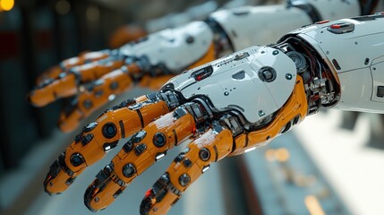 Naklejka premium Close-up view of futuristic robotic hands showcasing intricate design and technology in a modern setting
