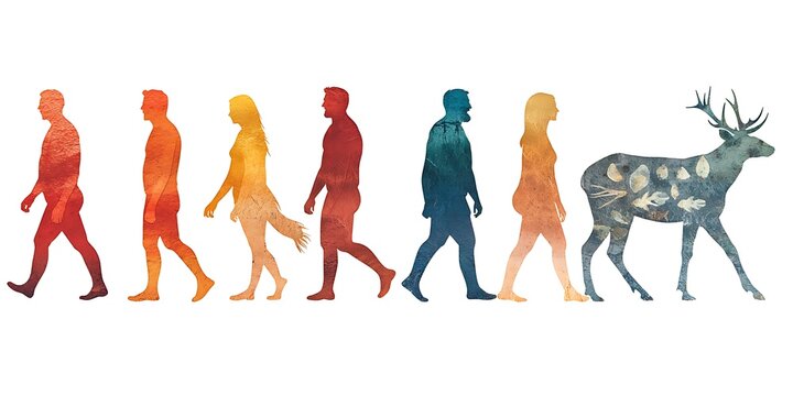 A colorful silhouette of human evolution alongside a deer, illustrating the interconnectedness of species through a gradient of vibrant colors.