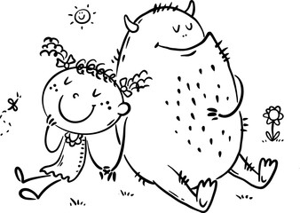 Cartoon little girl and friendly monster sitting outdoors together. Black and white illustration, coloring page