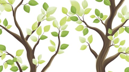 Obraz premium Spring tree branches, green leaves, white background, nature wallpaper