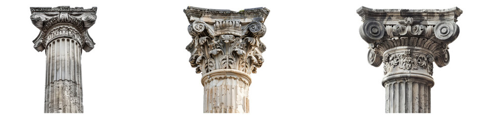 Doric column isolated on transparent background, PNG, Set of