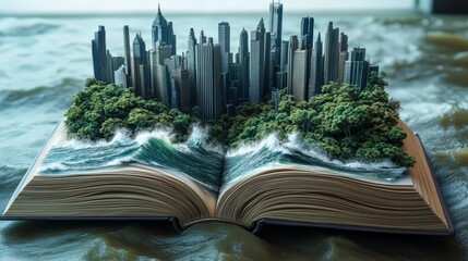An open book where 3D ocean waves, forests, and towering city buildings emerge, inviting the viewer to explore the scene 