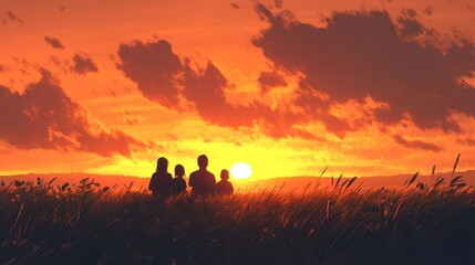 Fototapeta premium Family enjoys a tranquil evening by the water as the sun sets on a peaceful landscape