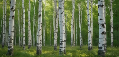 Obraz premium Pale bark aspens against vibrant green undergrowth, dense vegetation, vibrant green undergrowth, leafy canopy
