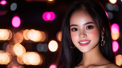 Fototapeta premium A young woman smiles warmly against a backdrop of colorful bokeh lights, showcasing a joyful and vibrant atmosphere.