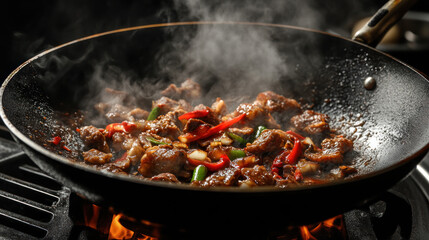 sizzling stir fry of meat and vegetables in wok, with steam rising from dish, showcases vibrant colors and textures. dish includes red and green peppers, adding fresh and spicy aroma