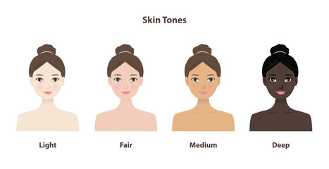 Types of skin tones vector illustration isolated on white background. The cute women with four main skin tones, light, fair, medium, deep or dark. The Fitzpatrick scale. Skin care and beauty concept.