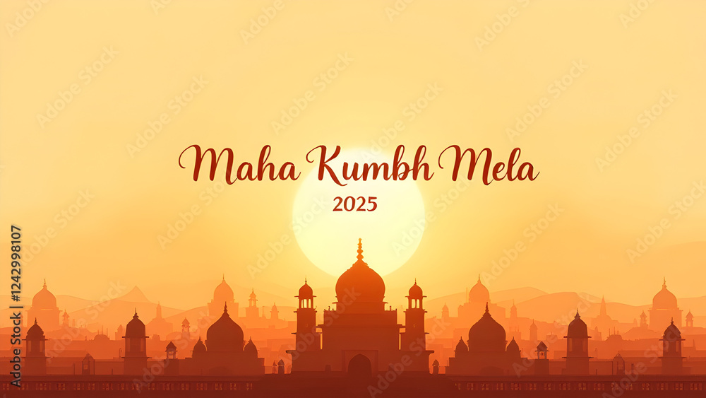 Wall mural illustration of Sadhu saint of India for grand festival and Hindi text Maha Kumbh Mela, temple background.