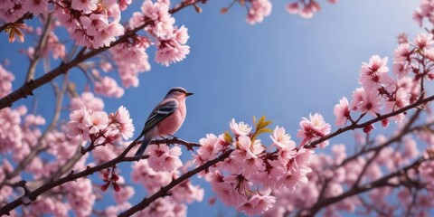 Pink cherry blossoms with a small bird perched on top, tree, white flowers