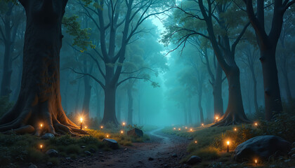 Enchanted forest path with glowing lights, mystical atmosphere