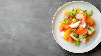 Colorful Modern Dessert Plated with Fresh Fruit and Vibrant Jelly Garnish
