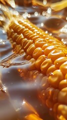 Fresh corn cob submerged in water, sunlight reflection