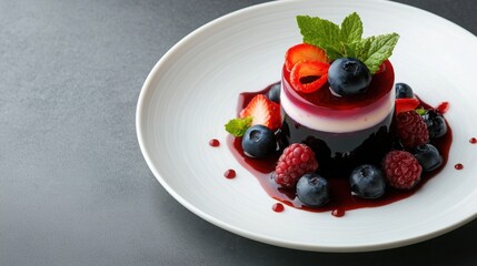 Modern Dessert Plating Featuring Vibrant Fruit Jelly and Fresh Berries