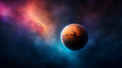 Fototapeta premium A vivid depiction of Mars set against a colorful cosmic backdrop, showcasing the planet's reddish hue amidst swirling galaxies and starlit skies.