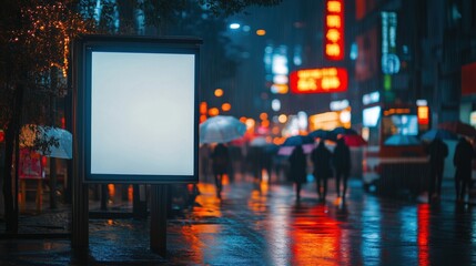 A large white blank billboard is prominently displayed at a city bus stop on a rainy night, surrounded by illuminated lights and pedestrians with umbrellas. The modern urban setting provides an ideal 