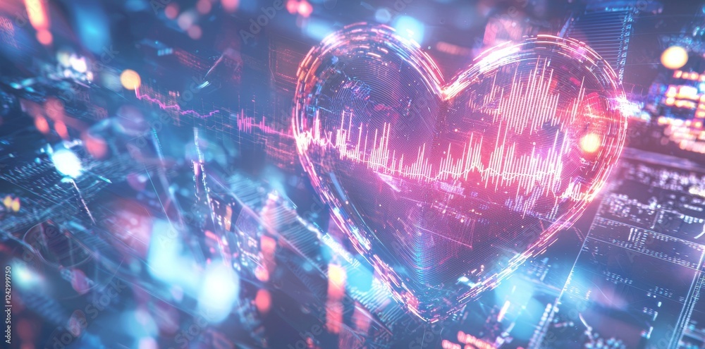 Poster futuristic ai healthcare solution for tracking heart health and pulse management. it features data n