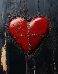 A red heart with stitches in the middle, on a black background, broken and patched up, symbolizing love that has been repaired