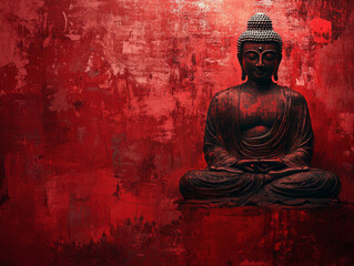 Buddha statue on red textured background, serene atmosphere and spiritual essence