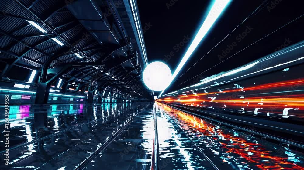 Aufkleber a futuristic high-speed train in motion with glowing orange light streaks and a large illuminated orb.