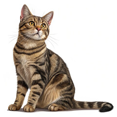 Fototapeta premium Classic tabby house cat, sitting up facing front with one paw pointing to viewer. Looking towards camera. Isolated cutout on a transparent background. 