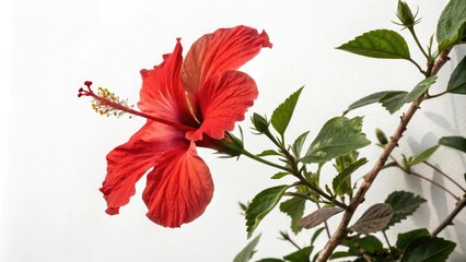 Fototapeta premium Red hibiscus bloom against crisp white backdrop, pop of color, flower