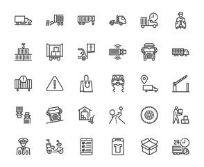 Land shipping transportation and delivering cargo truck line icon set on white transparent background, trucking and container ship concept, editable stroke 48x48 pixel perfect icon for design