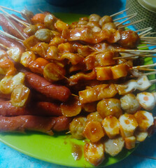 various kinds of bbq satay, chicken, sausage, nuggets, fish. Semarang-Central Java. 01-06-2025