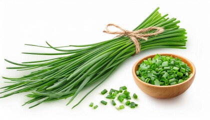 Fresh green chives bundled with chopped chives in a bowl, perfect for culinary dishes and garnishing.