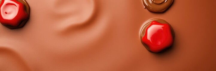 Rich brown chocolate candy with a smooth, shiny surface covered in a vibrant red glaze, colorful, chocolate