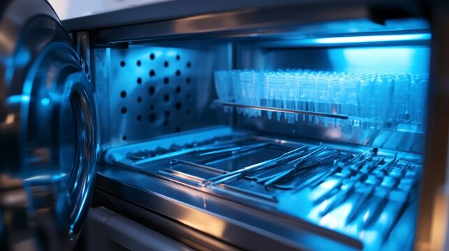 Dental professional sterilizing tools in advanced equipment dental clinic process cleanroom close-up sterilization techniques