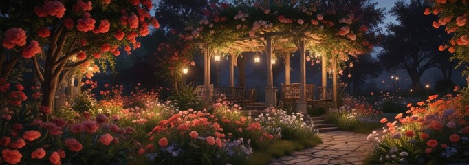Obraz premium romantic evening garden with blooming flowers in a dark and warm color palette, , romantic, blooming