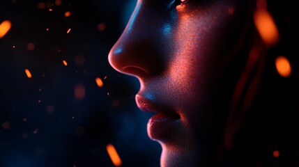 Portrait of a young woman with flowing blue hair set against a dark background